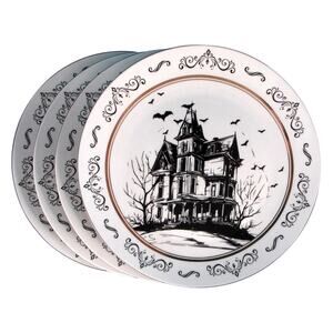 10 Strawberry St. HALLOWEEN HAUNTED HOUSE Appetizer Plates 6.25in Set of 4 NEW